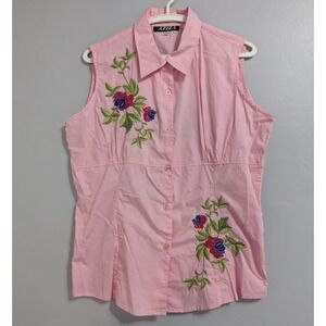 Aziza Embroidered Flowers Feminine Sleeveless Button Down Classic Shirt sz XL
